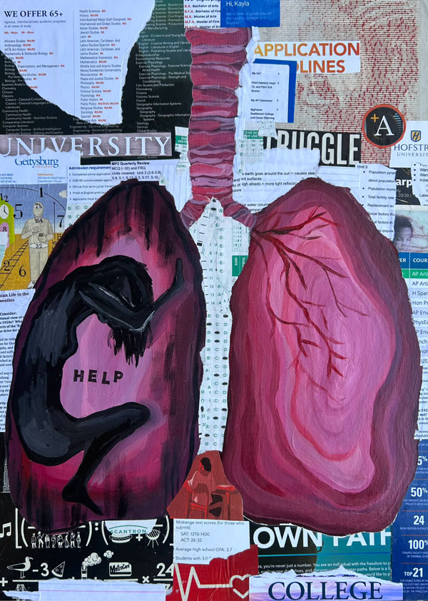 mixed media piece of lungs and a girl trapped in a lung, surrounded by her stressors