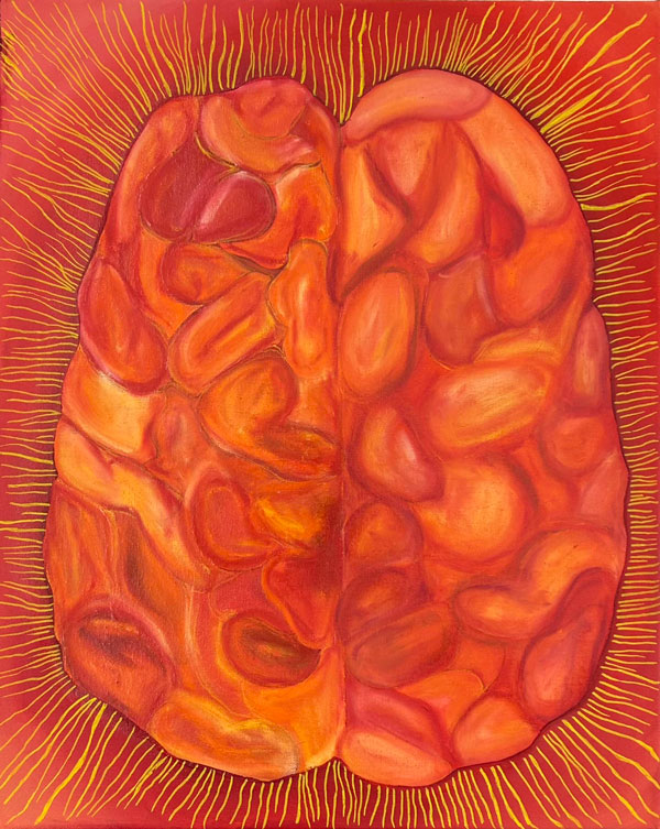 Acrylic painting of an orange brain with yellow lines coming off, representing radiating energy
